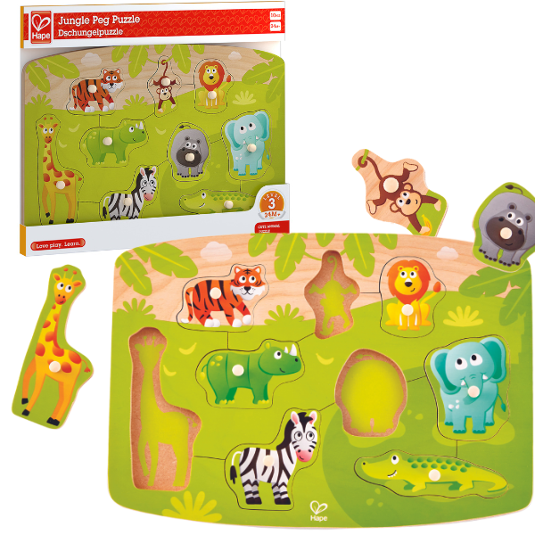 Puzzle din lemn cu buton „Jungla” – Învățare prin joc despre animalele din junglă