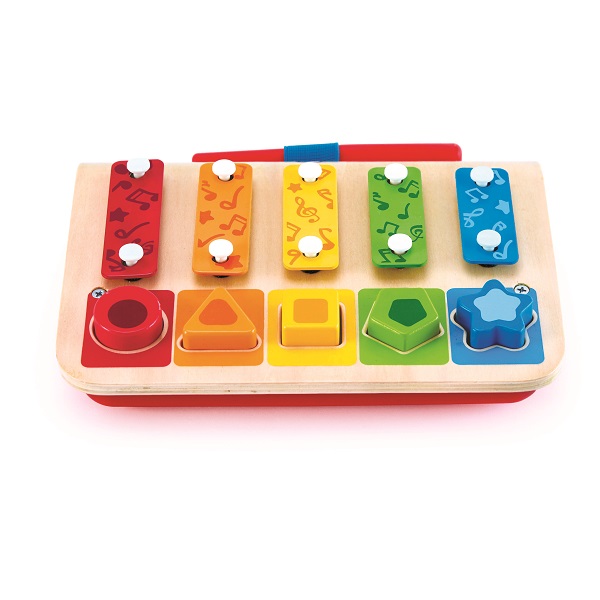 Xilofon din lemn cu forme de sortat – jucărie educativă colorată Hape
