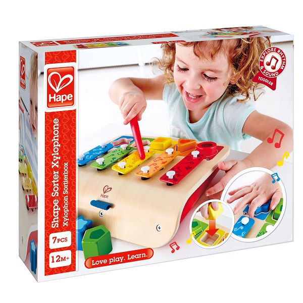 Xilofon din lemn cu forme de sortat – jucărie educativă colorată Hape