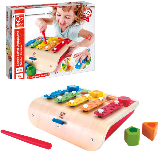 Xilofon din lemn cu forme de sortat – jucărie educativă colorată Hape