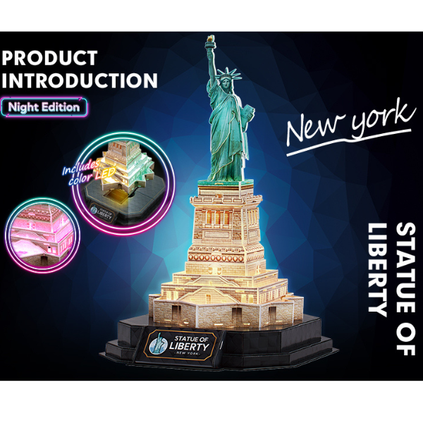 Puzzle 3D Statuia Libertății cu Iluminare LED – 79 Piese, CubicFun, Model Detaliat al Simbolului Libertății