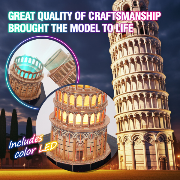Puzzle 3D Turnul din Pisa cu Iluminare LED – 42 Piese, CubicFun, Model Detaliat al Monumentului Italian