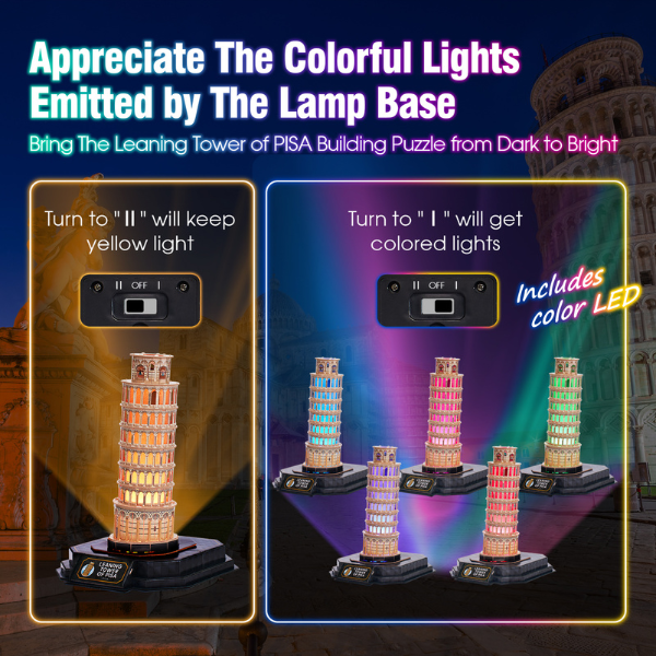 Puzzle 3D Turnul din Pisa cu Iluminare LED – 42 Piese, CubicFun, Model Detaliat al Monumentului Italian