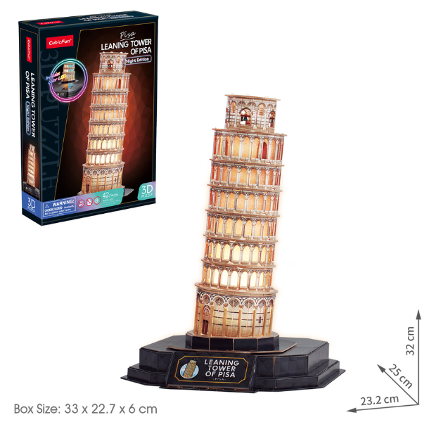 Puzzle 3D Turnul din Pisa cu Iluminare LED – 42 Piese, CubicFun, Model Detaliat al Monumentului Italian