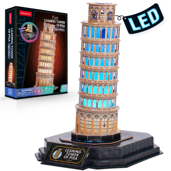 Puzzle 3D Turnul din Pisa cu Iluminare LED – 42 Piese, CubicFun, Model Detaliat al Monumentului Italian
