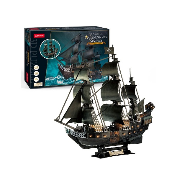 Puzzle 3D Corabie de Pirați „Răzbunarea Reginei Anne” cu Iluminare LED, 293 Piese, CubicFun – Model Detaliat al Navei Legendare
