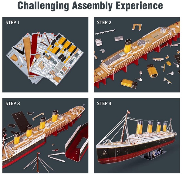 Puzzle 3D „Titanic” cu Iluminare LED, 266 Piese, CubicFun – Model Detaliat al Legendarului Vapor