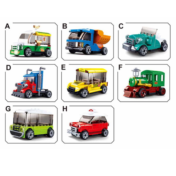 Set construcție Transport urban cu inerție – 8 modele Sluban, 41-57 piese, jucărie educativă