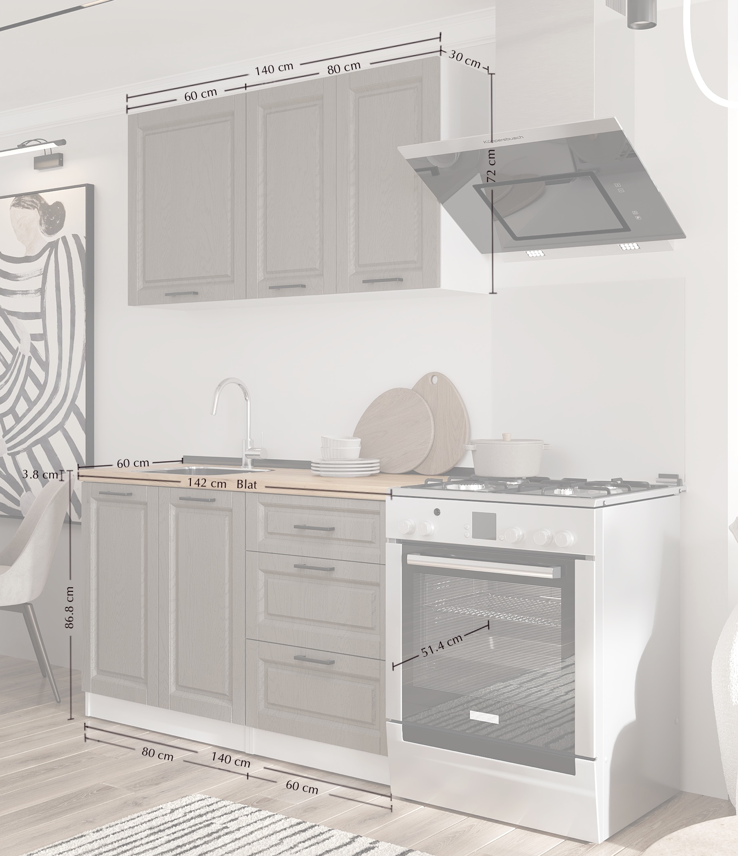 Set bucătărie: Lora Classic, Stejar Auriu, 140 cm