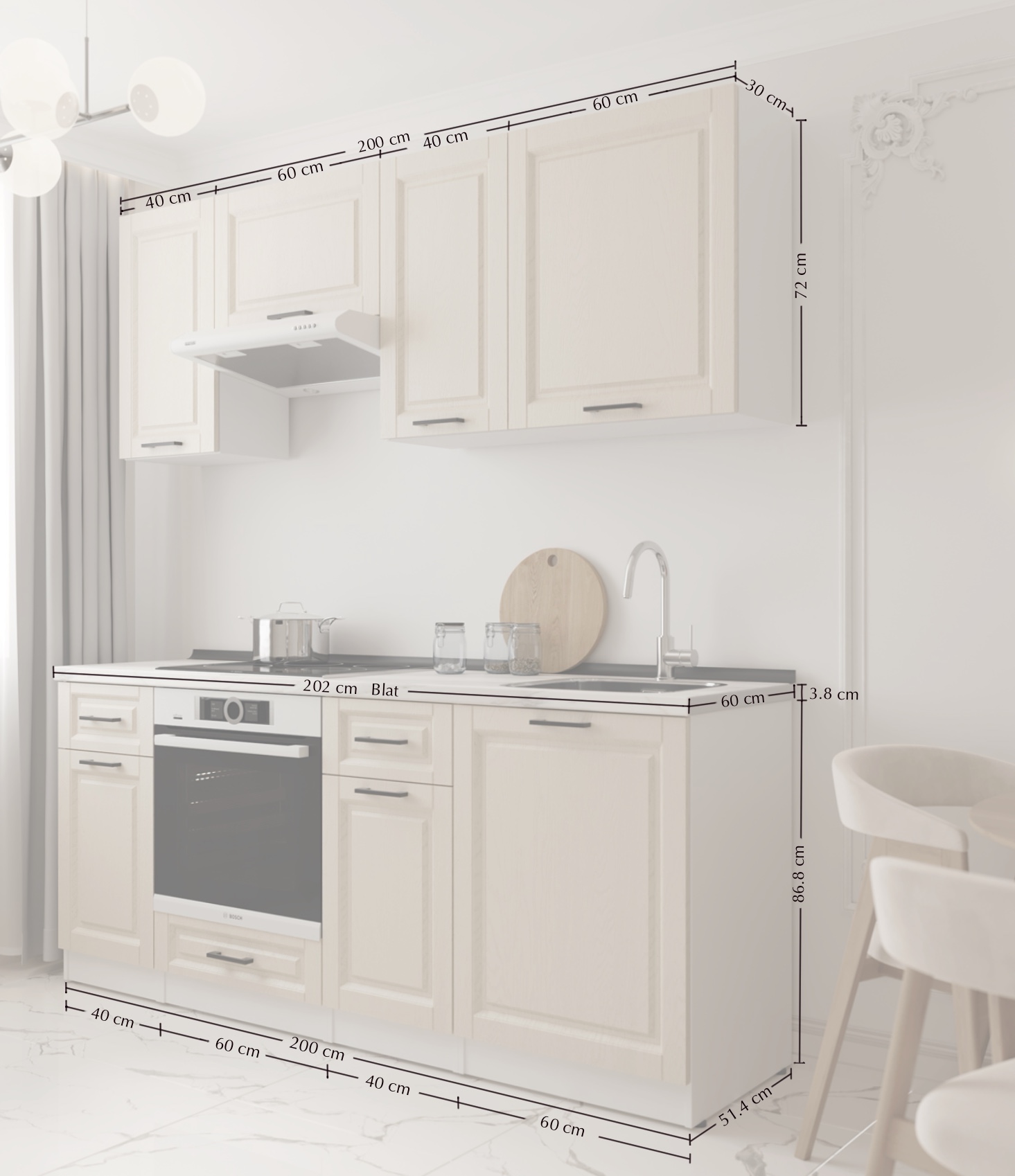 Кухонный гарнитур: Regina "B" Classic, Мрамор, 200 см