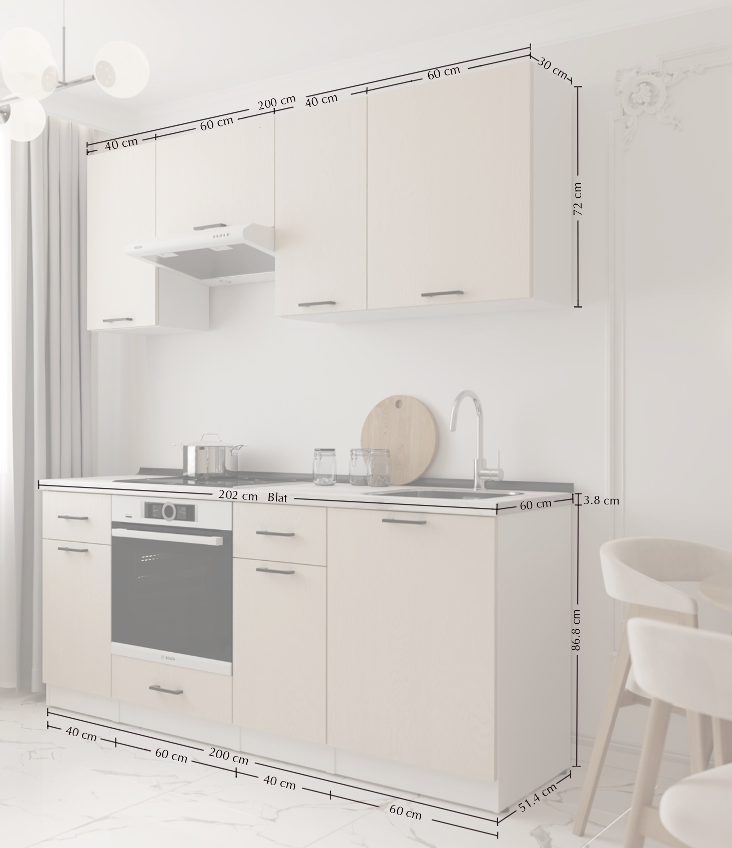 Set bucătărie: Regina "B" Modern, Stejar Auriu, 200 cm