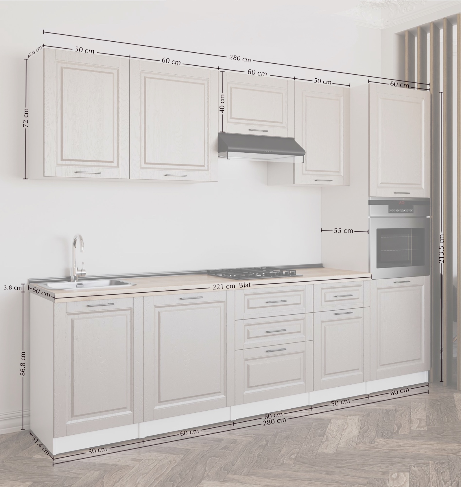 Кухонный гарнитур: Stefani "C" Classic, Золотой Дуб, 280 cm
