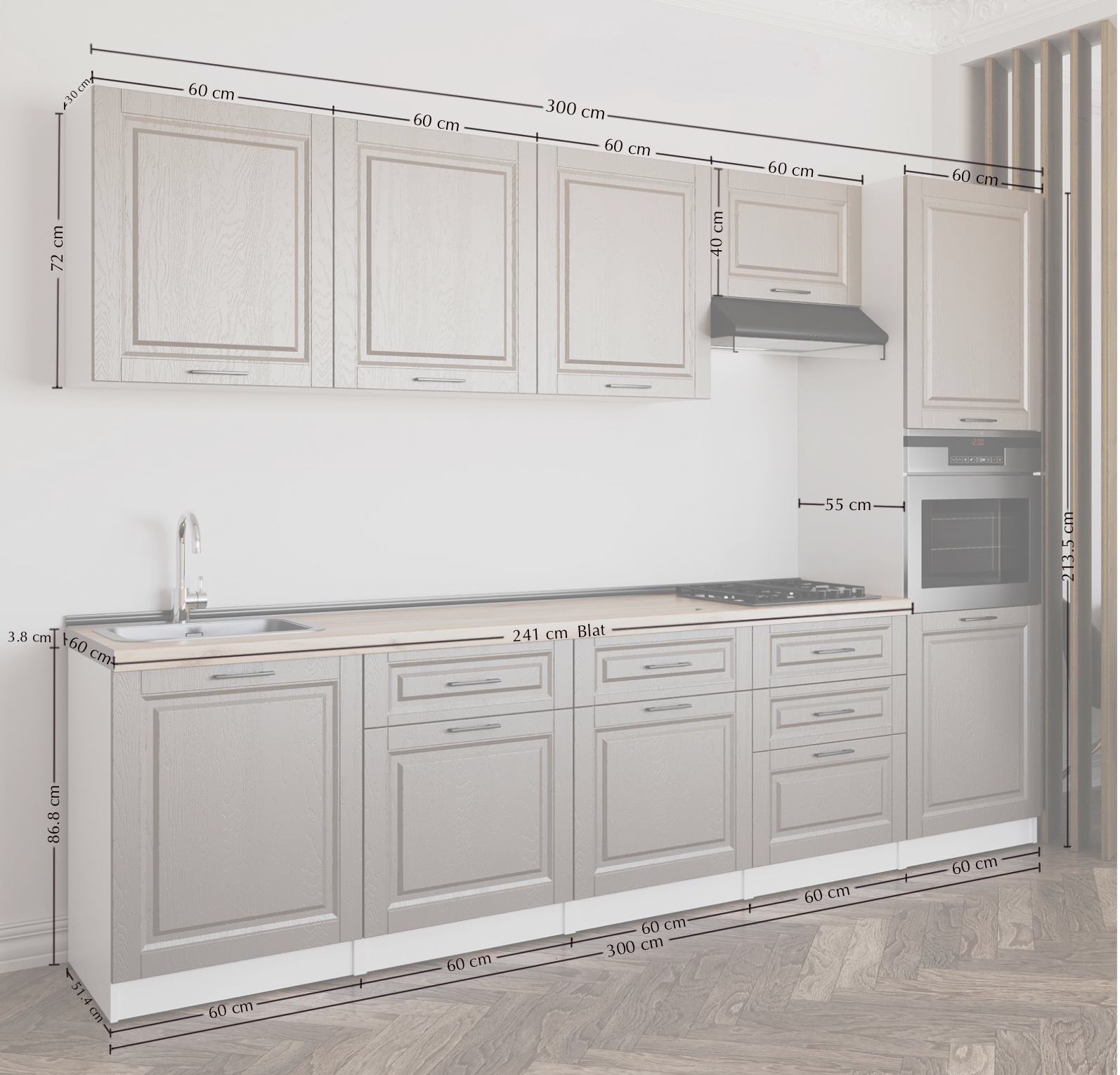 Kitchen: Valensia "A" Classic, Gold Oak, 300 cm