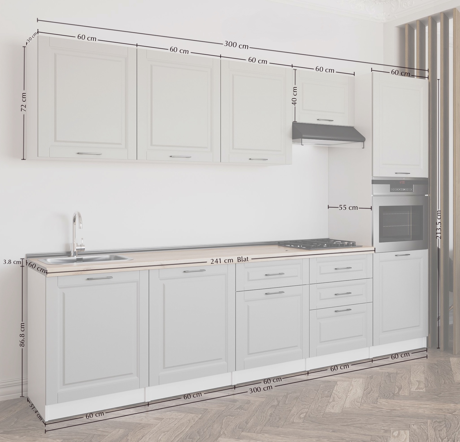Кухонный гарнитур: Valensia "B" Classic, Золотой Дуб, 300 cm