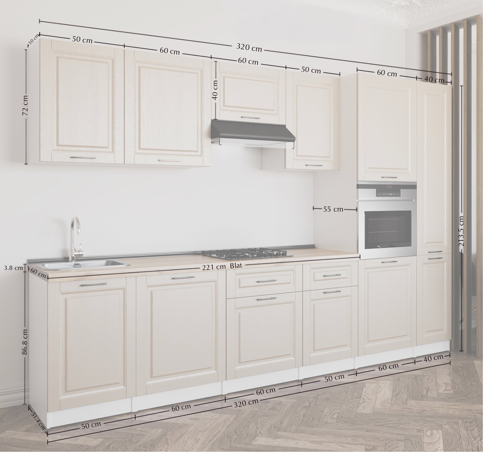 Set bucătărie: Lana "A" Classic, Stejar Auriu, 320 cm