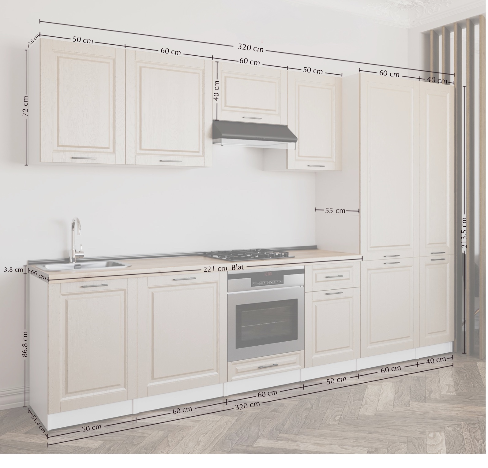 Set bucătărie: Lana "B" Classic, Stejar Auriu, 320 cm