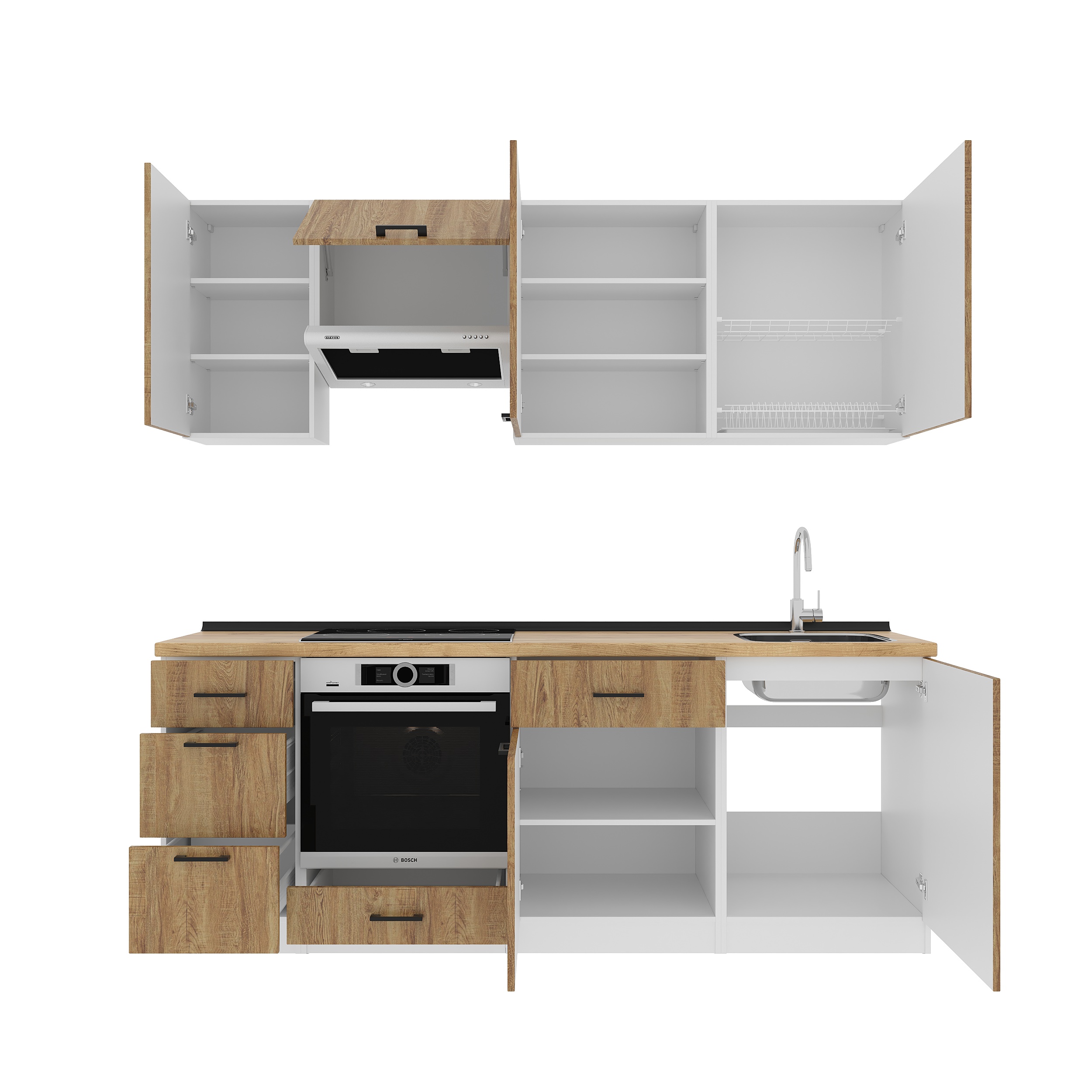 Kitchen: Simona "A" Modern, Gold Oak, 220 cm