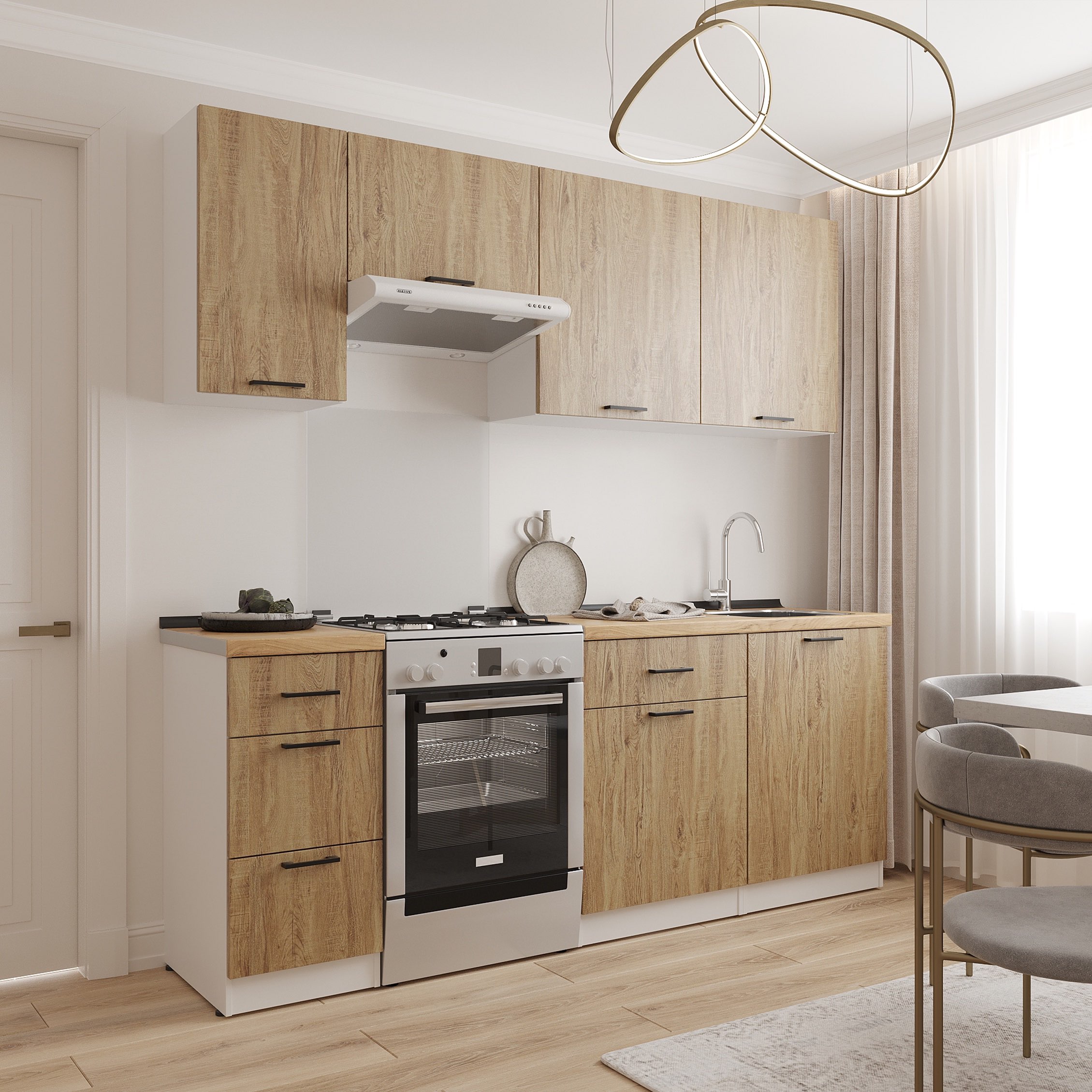 Kitchen: Simona "B" Modern, Gold Oak, 220 cm