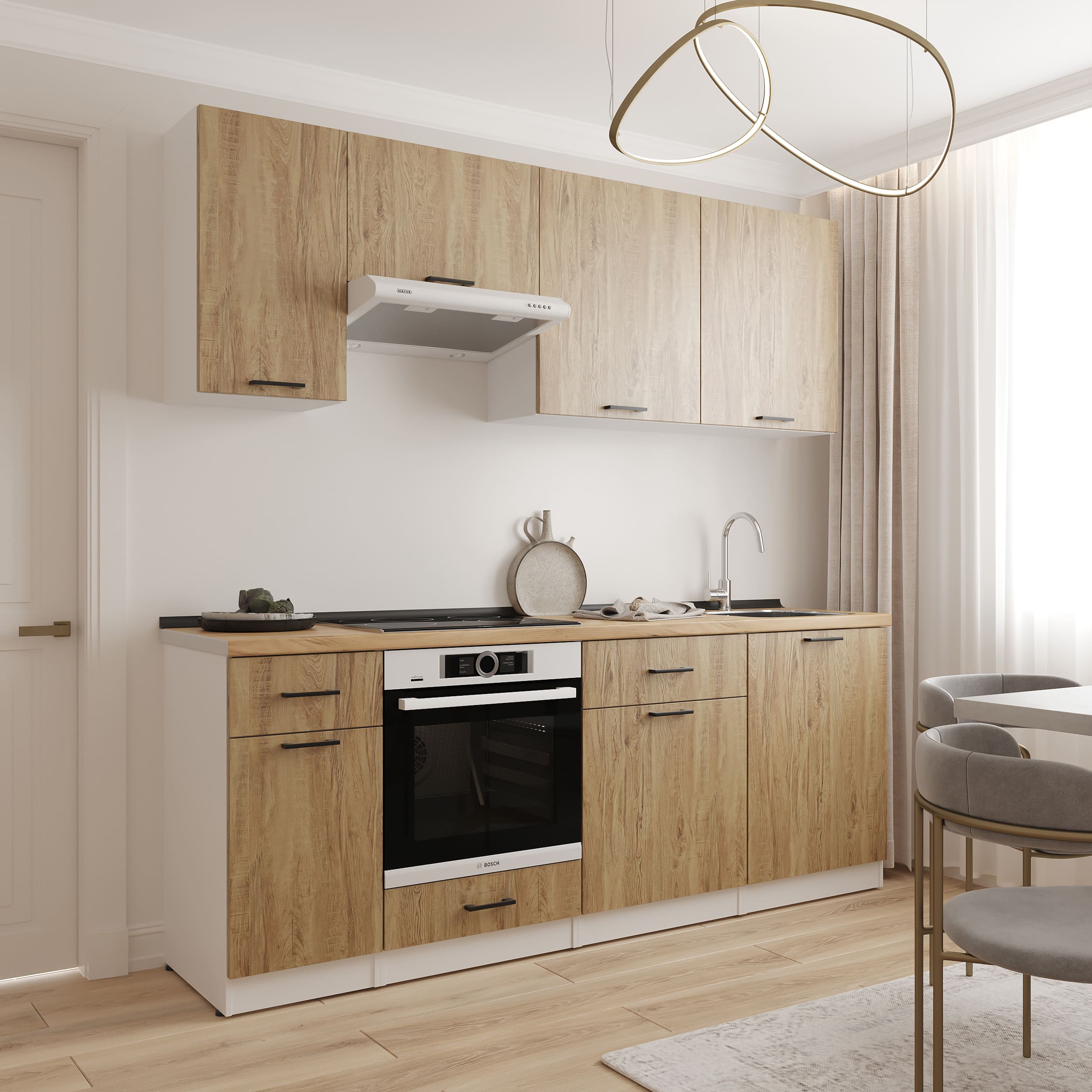 Kitchen: Simona "C" Modern, Gold Oak, 220 cm