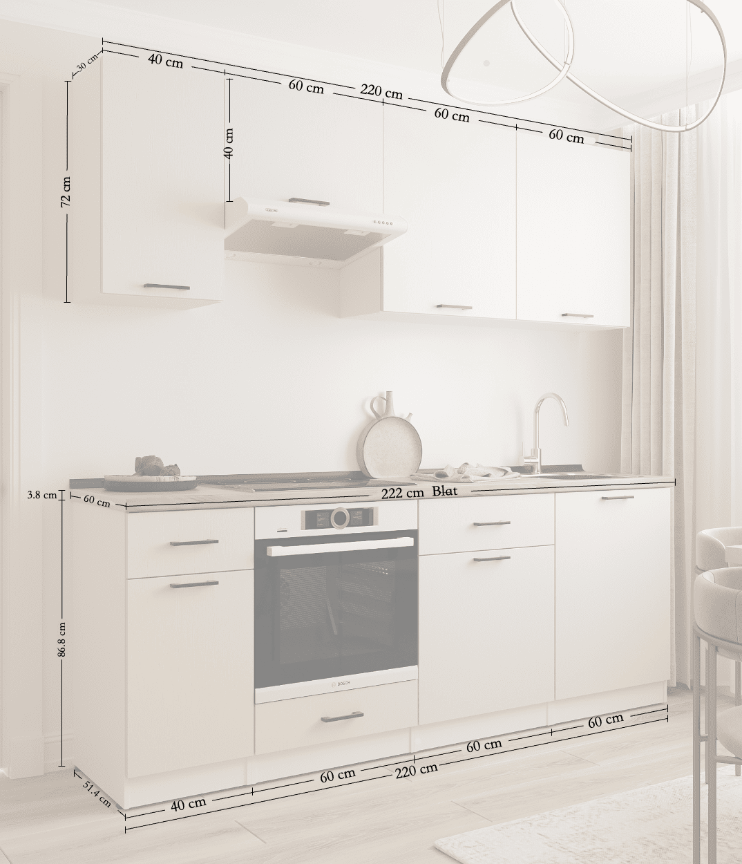 Kitchen: Simona "C" Modern, Gold Oak, 220 cm