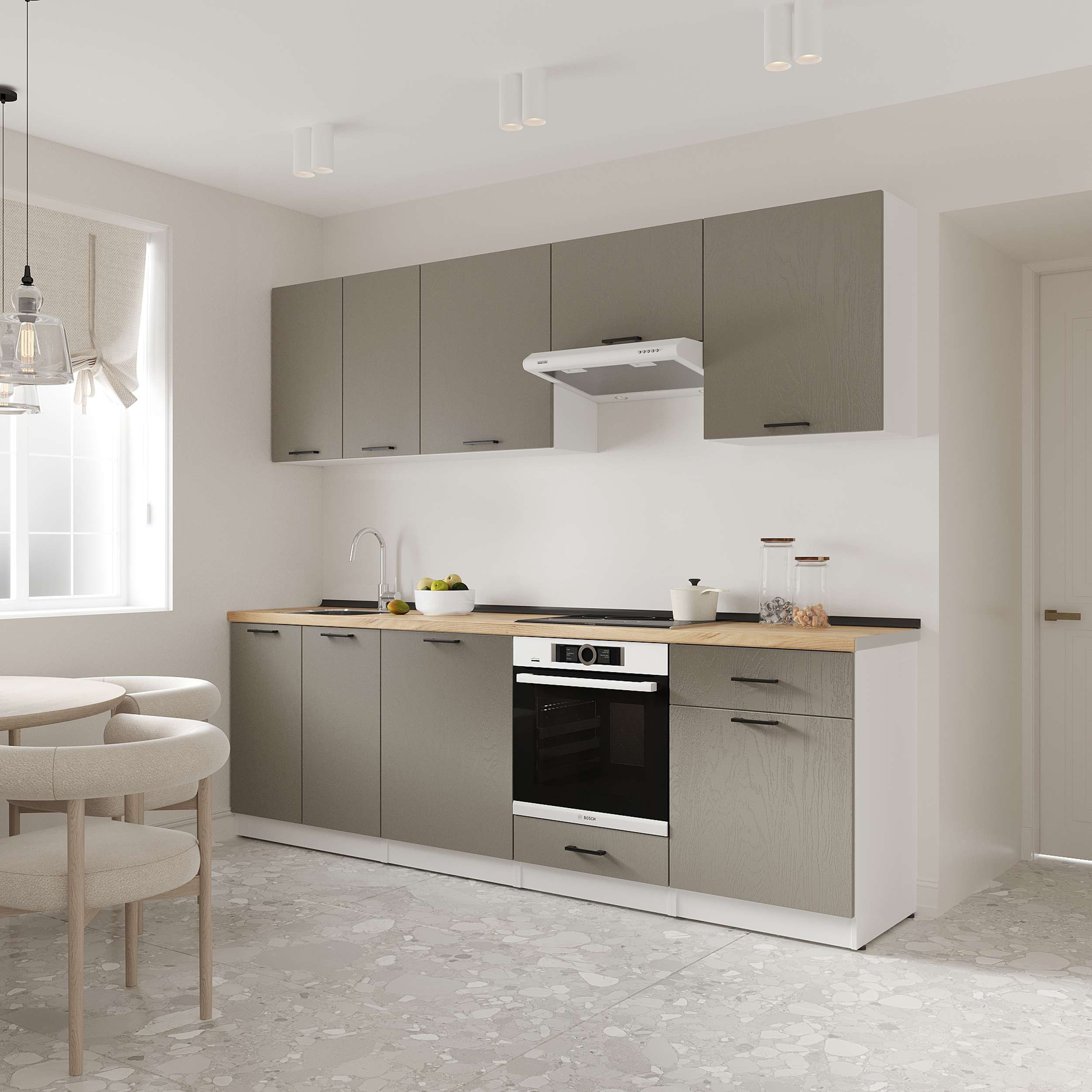 Kitchen: Vincento "A" Modern, Gold Oak, 260 cm