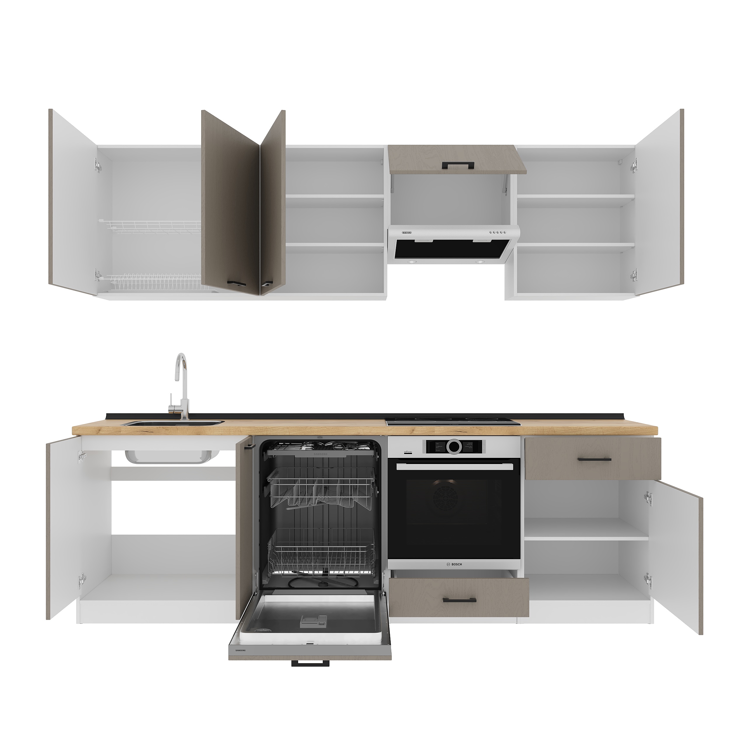 Kitchen: Vincento "A" Modern, Gold Oak, 260 cm