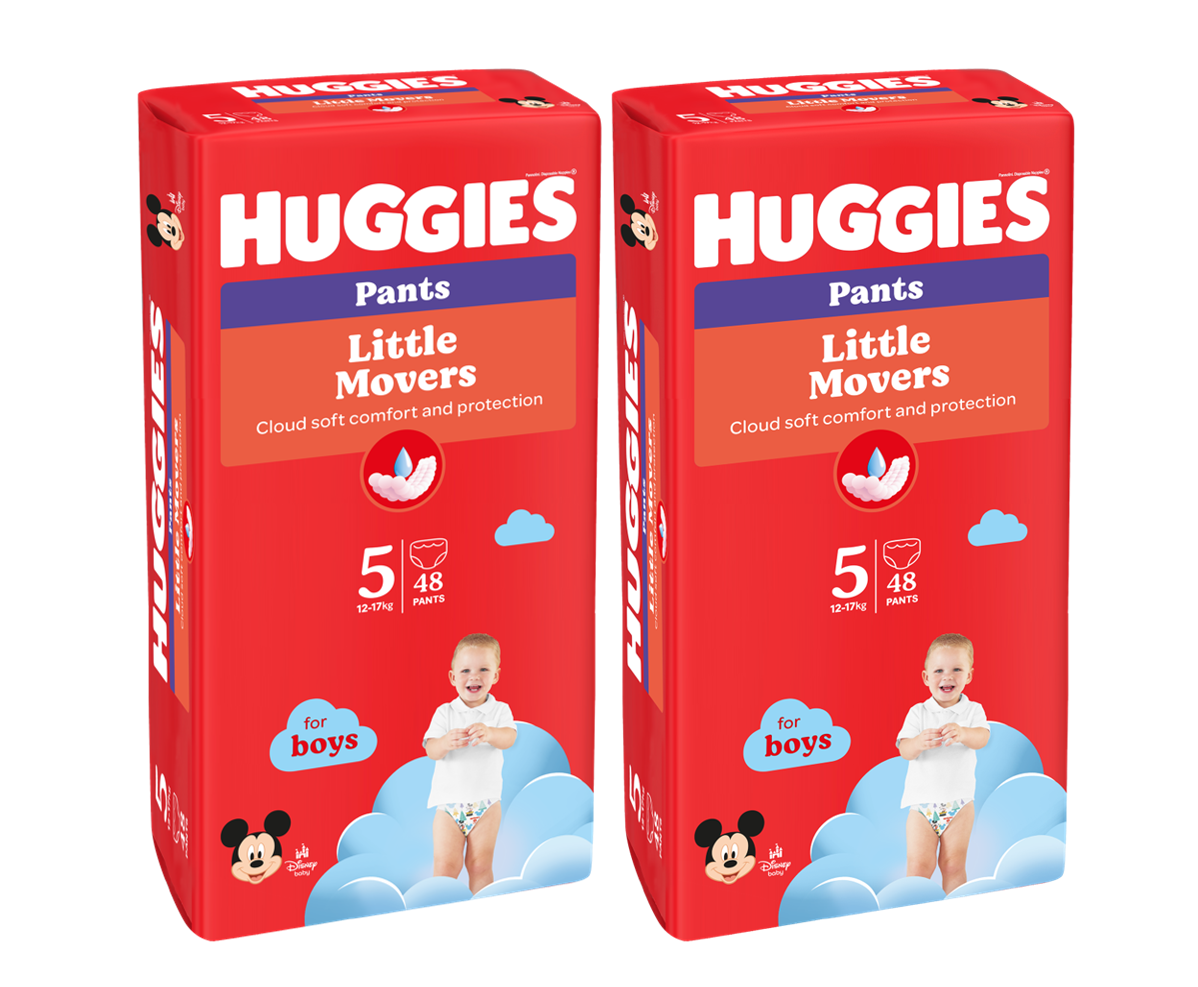 Set Scutece-chiloţel Huggies Little Movers pentru băieţel 5 (13-17 kg), 96buc. (2x48buc)