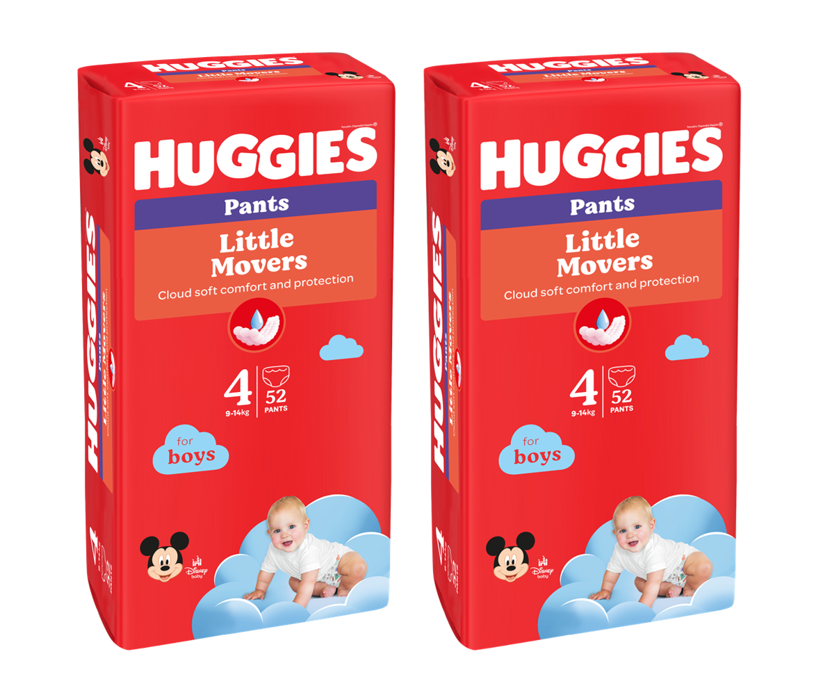 Set Scutece-chiloţel Huggies Little Movers pentru băieţel 4 (9-14 kg), 104buc. (2x52buc)