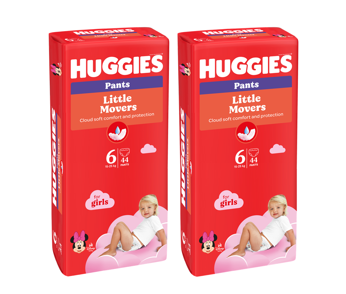 Set Scutece-chiloţel Huggies Little Movers pentru fetiţă 6 (16-22 kg),  88buc.  (2x44buc) 