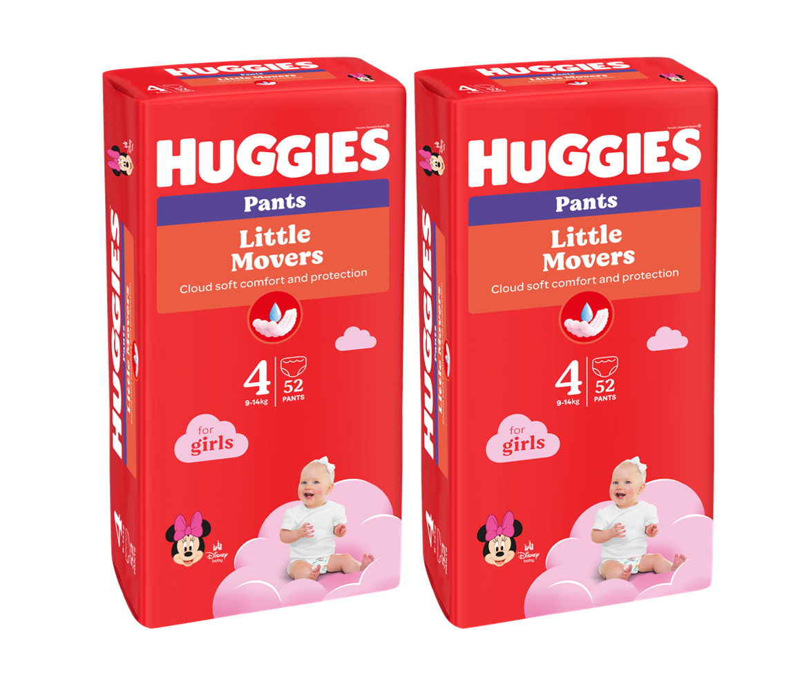 Set Scutece-chiloţel Huggies Little Movers pentru fetiţă 4  (9-14 kg), 104buc  (2x52buc) 