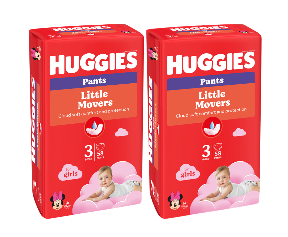 Set Scutece-chiloţel Huggies Little Movers pentru fetiţă 3 (7-11 kg), 116buc.  (2x58buc)