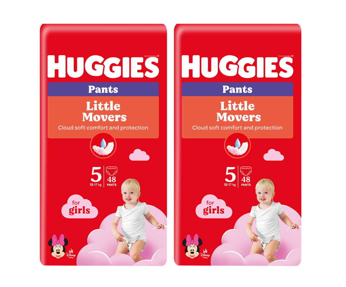 Set Scutece-chiloţel Huggies Little Movers pentru fetiţă 5 (13-17 kg), 96buc. (2x48buc)