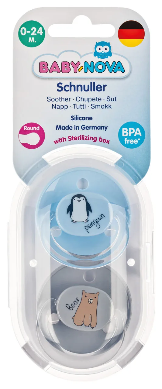 ”Baby-Nova” Suzetă rotundă cu inel, 0 luni+, Silicon, fără BPA, 2 buc. cu cutie pentru sterilizare (20009)