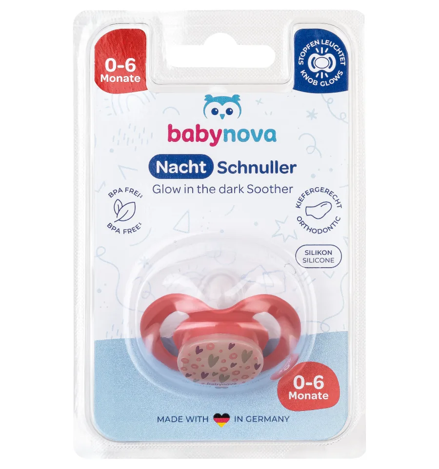 ”Baby-Nova” Suzetă ortodontică "Glow in the dark", fără inel, 0 luni+, Silicon, fără BPA, 1 buc.  (24222)