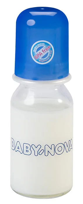 ”Baby-Nova” Biberon din sticlă cu gât standart, 125 ml., 0-24 luni, debit lent, 1 buc.  (43105)