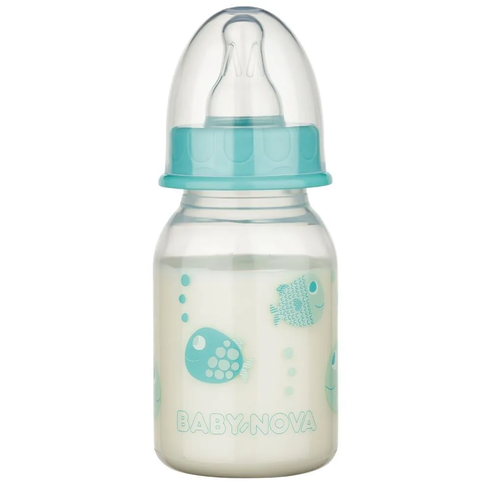 ”Baby-Nova” Biberon din silicon cu gât standart,  120 ml., debit lent, fără BPA, 1 buc./cutie de carton (46010)