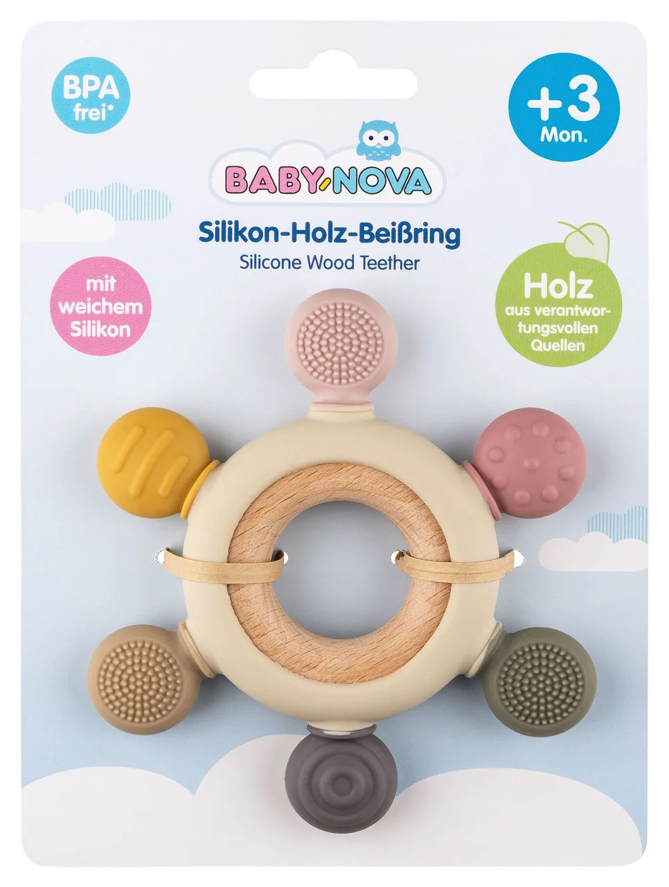 ”Baby-Nova” Inel pentru dentiție din lemn și silicon, 3 luni+, fără BPA, 1 buc. (31155)