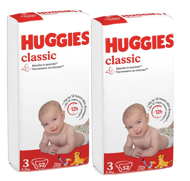 Set Scutece Huggies Classic Jumbo 3  (4-9 kg), 104 buc  (2x52buc)