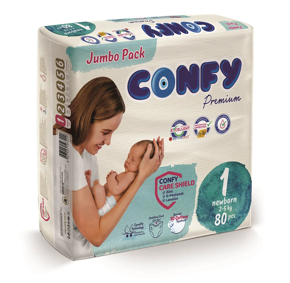 Scutece pentru copii Confy Premium Jumbo, Nr.1 (2-5 kg)  80 buc.