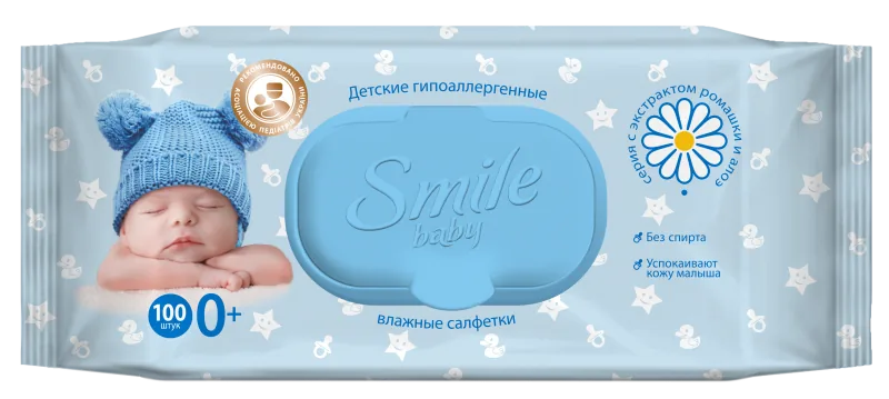 Smile Baby Servetele Umede cu clapeta, extract Musetel si Aloe, 100 buc.
