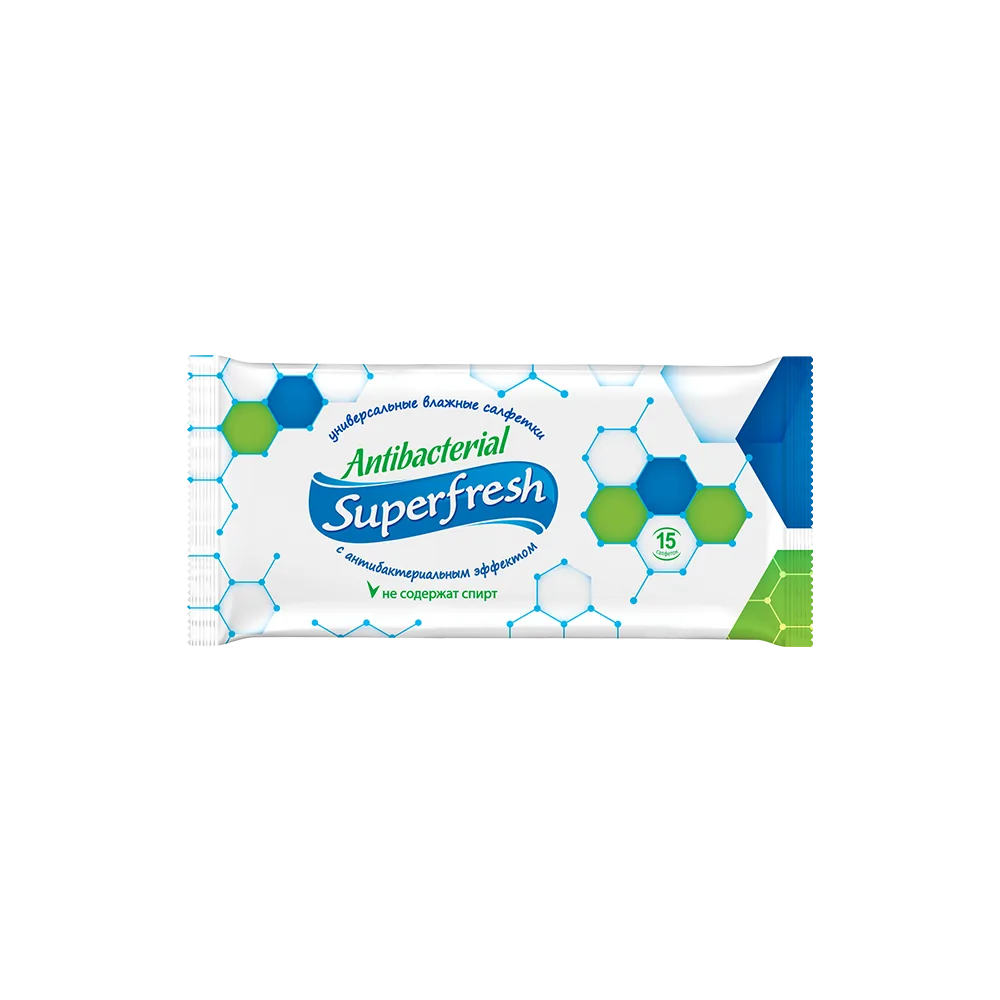 Влажные антибактериальные салфетки SuperFresh, 15 шт.
