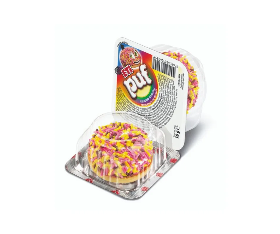 Biscuit cu bezea, acoperit cu granule colorate, Eti Puf Rainbow, 18 gr.