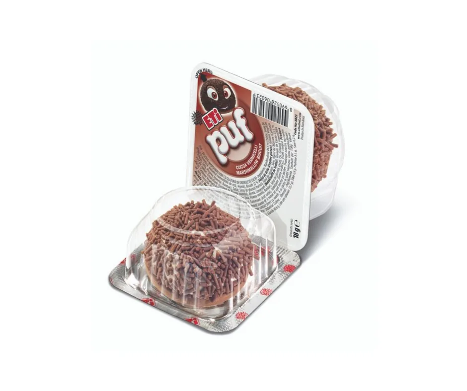 Biscuit cu bezea, acoperit cu granule de cacao Eti Puf Cocoa, 18 gr.