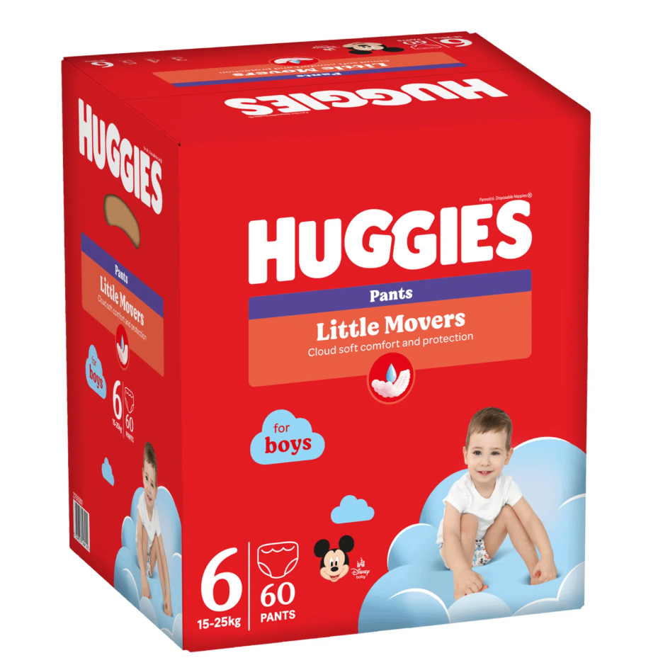 Scutece-chiloţel Huggies Little Movers Pants  BOX  6 pentru băieţel  (15-25 kg), 60 buc