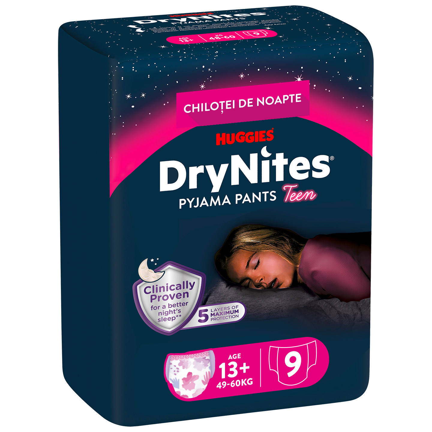 Scutece-chiloţel Huggies DryNites 13+ ani, fetiţă, 49-60 kg, 9 buc.
