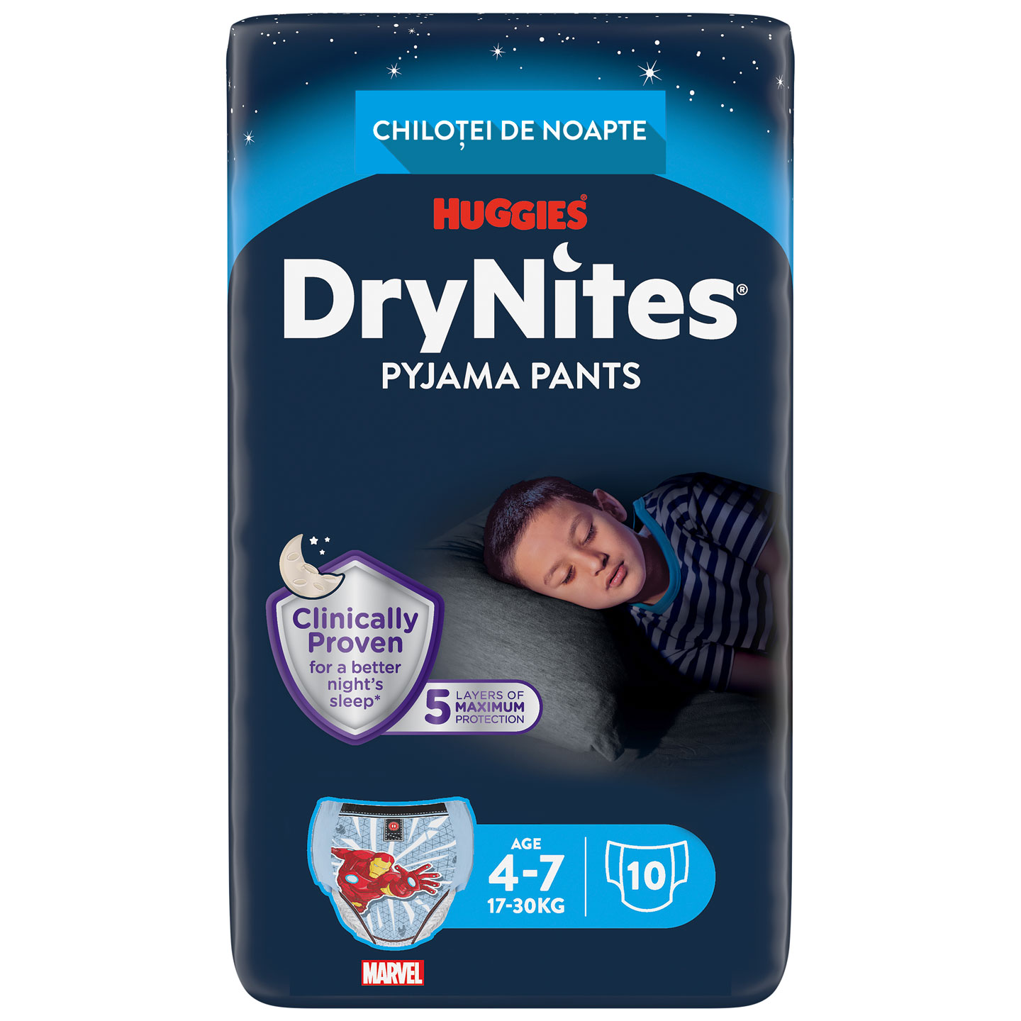 Scutece-chiloţel Huggies DryNites 4-7 ani, băieţel, 17-30 kg, 10 buc.