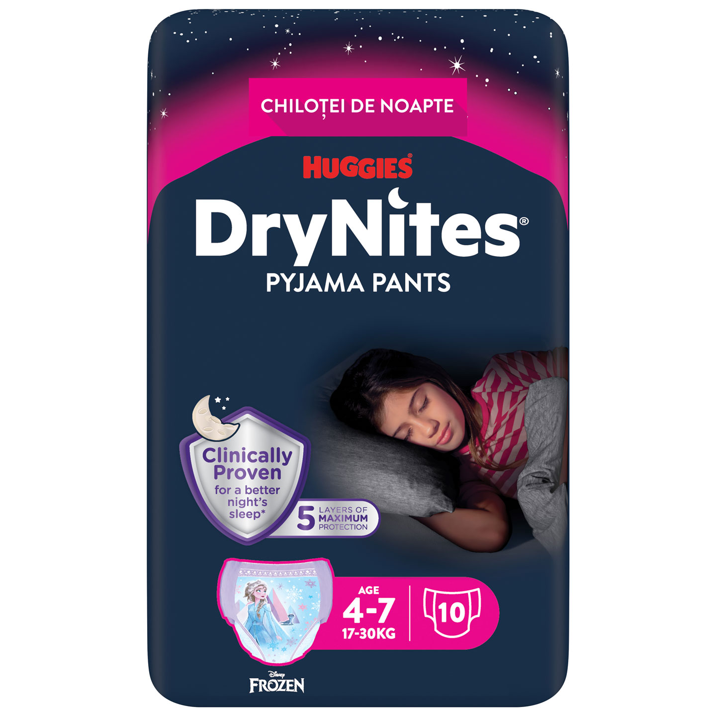 Scutece-chiloţel Huggies DryNites 4-7 ani, fetiţă, 17-30 kg, 10 buc.