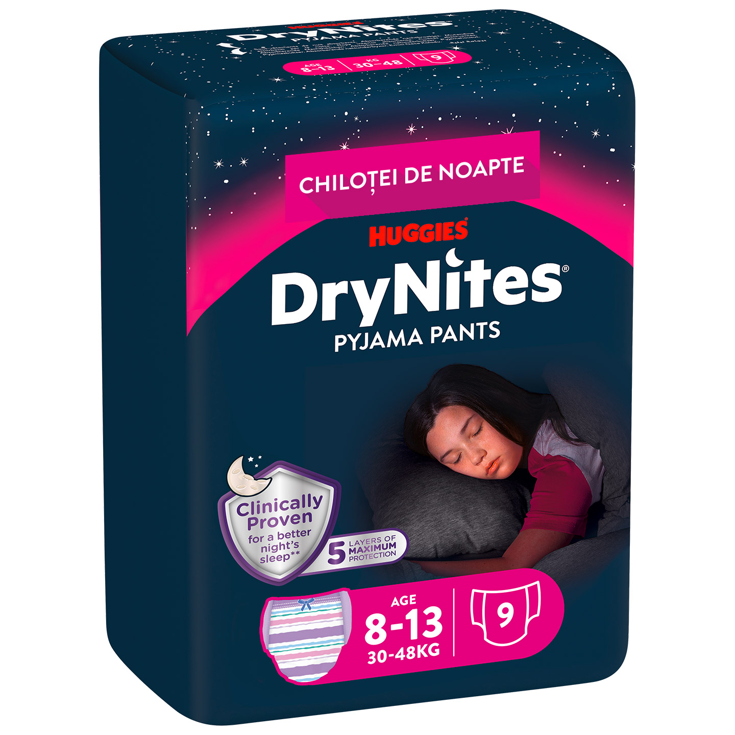 Scutece-chiloţel Huggies DryNites 8-13 ani, fetiţă, 30-48 kg, 9 buc.