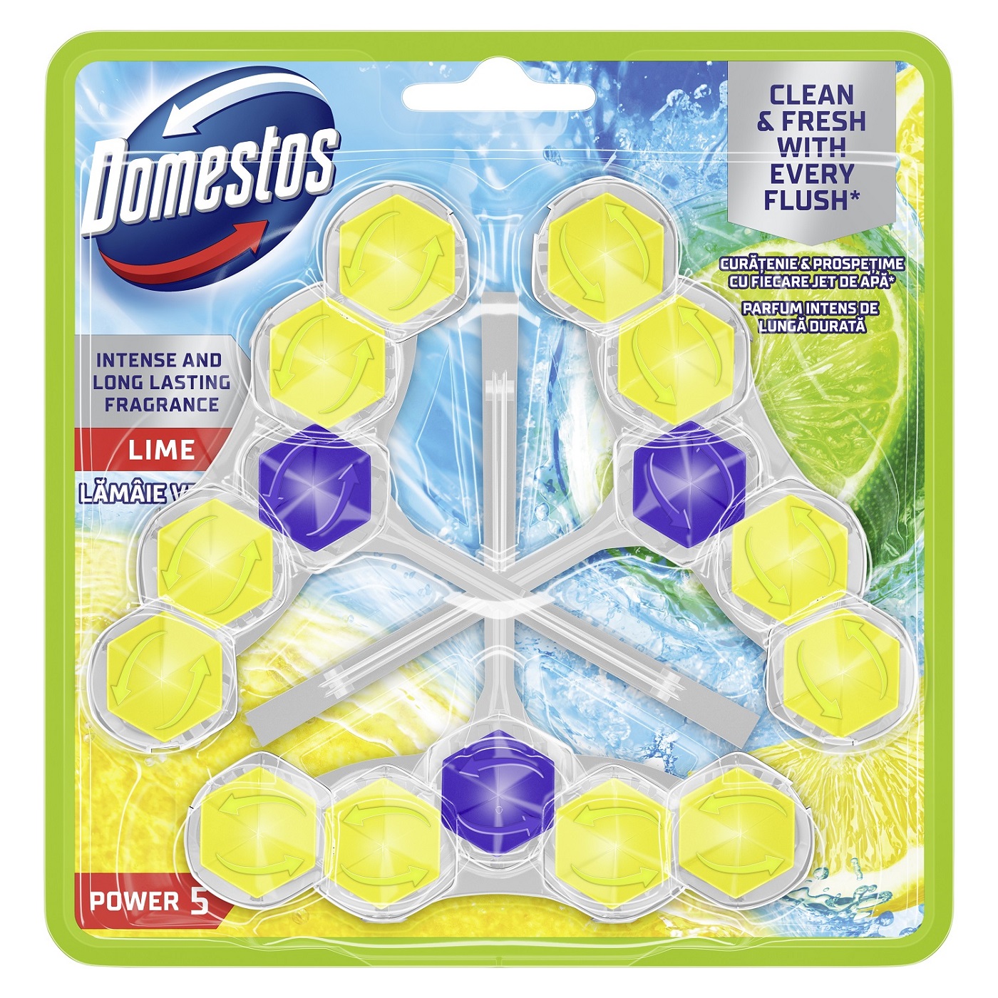 Odorizant pentru toaleta Domestos Power 5 WC block Trio Pack 3*50g - LIME