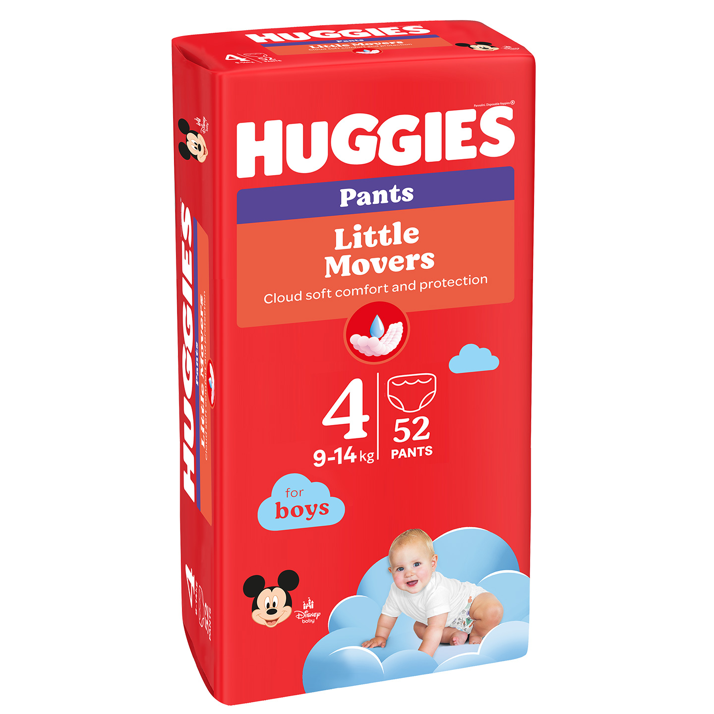 Scutece-chilotel Huggies Little Movers Pants  4  (9-14 kg) BOY (p/u baieti), 52 scutece/pachet